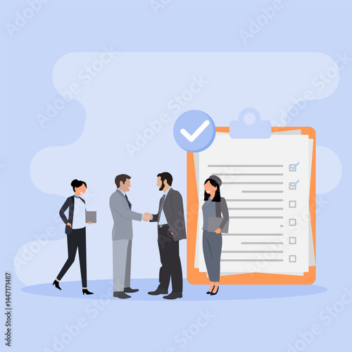 Business Meeting. Concept of agreement of employment contract. Illustration in flat style.