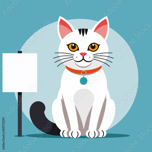 Adorable White Cat Illustration with Blank Sign_Perfect for Pet Lovers_Cute Cartoon Cat with Orange Collar and Blue Tag_Download Now for Creative Projects