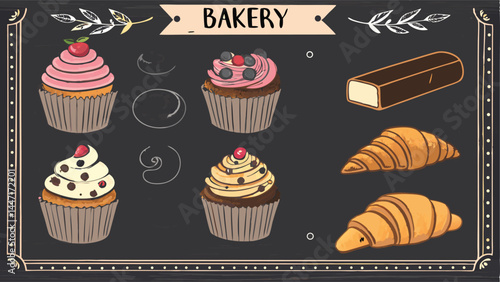 Design a vector bakery ad banner showcasing a chalkboard menu with delicious pastries, bread, and cakes.  Include a rustic, vintage style.