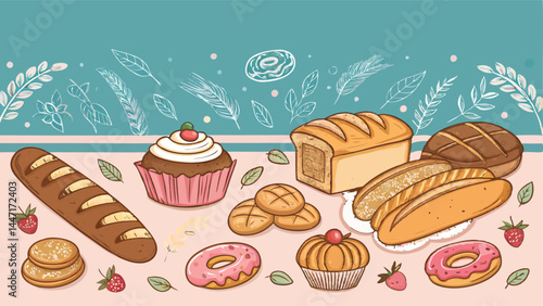 Create a vibrant vector banner showcasing a hand-drawn style illustration of various breads, including baguettes, sourdough, and rolls, emphasizing a rustic bakery aesthetic.