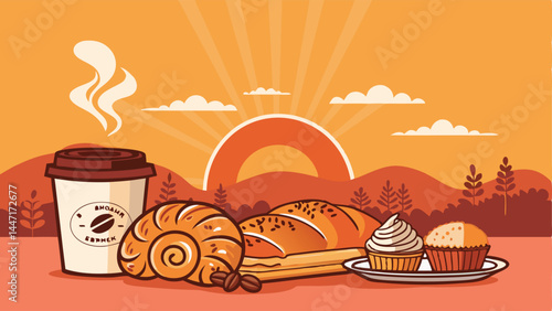 фотографія Design a vibrant vector banner ad showcasing a fresh morning bakery special, featuring delicious pastries and bread