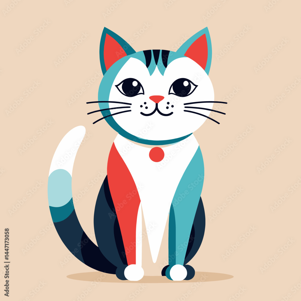Fototapeta premium Cute Cartoon Cat Illustration_Colorful Geometric Style Pet_Adorable Feline Art for Kids and Adults_Perfect for Digital Design and Print_Whimsical Animal Graphic