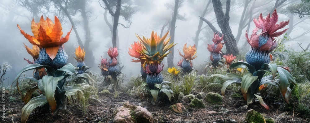 Obraz premium Beautiful and vibrant stylized flowers growing in a misty forest