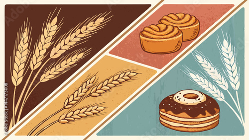 Create a vibrant vector banner showcasing a close-up of delectable pastries and wheat, emphasizing texture and detail for a bakery or food blog.