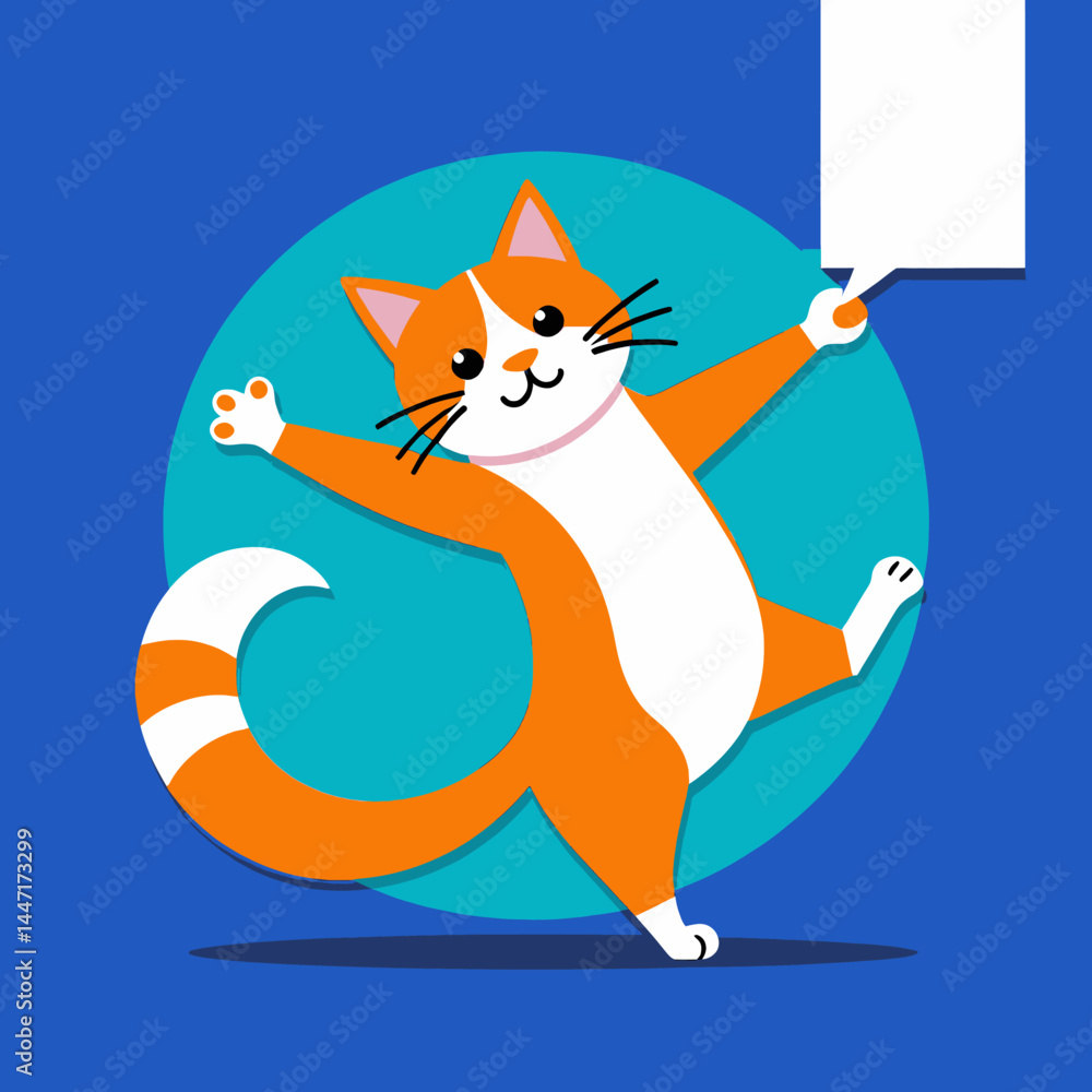 Fototapeta premium Cute Orange Tabby Cat Cartoon with Speech Bubble_Fun Illustration of Happy Kitten for Kids_Playful Feline Character Design_Animated Cat Vector Graphic_Cat Lovers Image