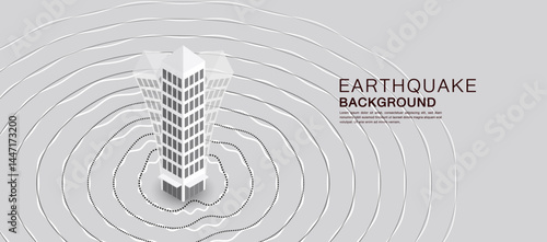 Earthquake concept with abstract shockwave lines around a central skyscraper. Modern isometric design for seismic event or natural disaster theme.