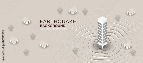 Earthquake concept showing concentric shockwaves spreading from a tall building to surrounding houses in a cityscape with trees, symbolizing seismic activity.