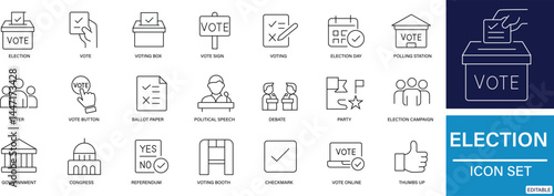  Election and Voting Icon Set Flat Solid Symbols for Democracy and Ballot Process.