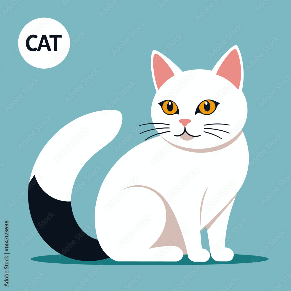 Obraz premium Cute_White_Cat_Illustration_with_Black_Tail_Adorable_Cartoon_Cat_Image_For_Kids_Lovely_Pet_Artwork_Whimsical_Cat_Design_for_Children_Friendly_Feline_Character