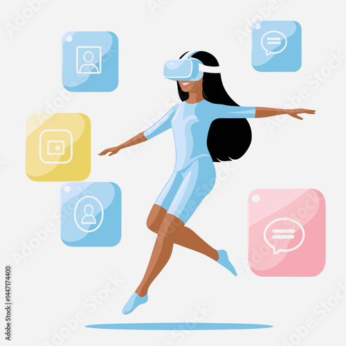 A woman wearing a VR headset interacting with digital icons in a virtual space.