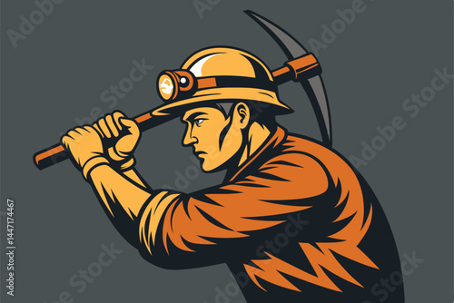 Create a vector illustration of a hardworking miner, complete with helmet and pickaxe, showcasing his determined expression against a dark mine shaft background.