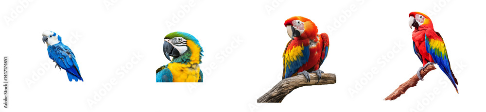 Macaw Parrots Assortment on Branches and Standing Posing. cut out transparent