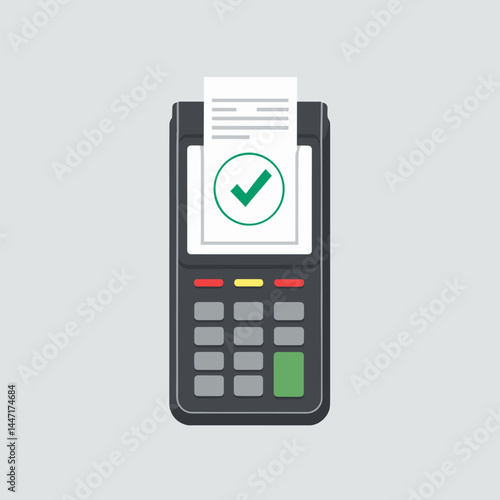A point-of-sale (POS) terminal with a green checkmark on the screen and a receipt, indicating a completed payment.