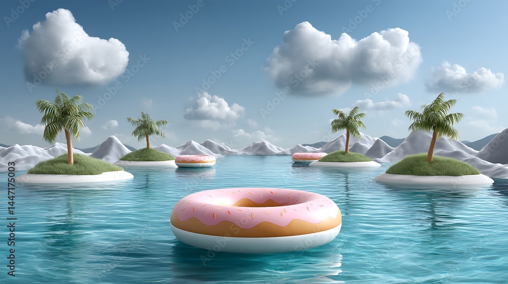 Obraz premium Tropical pool cartoon scene with donut floaties island vibe 3d beach resort illustration relaxing summer atmosphere