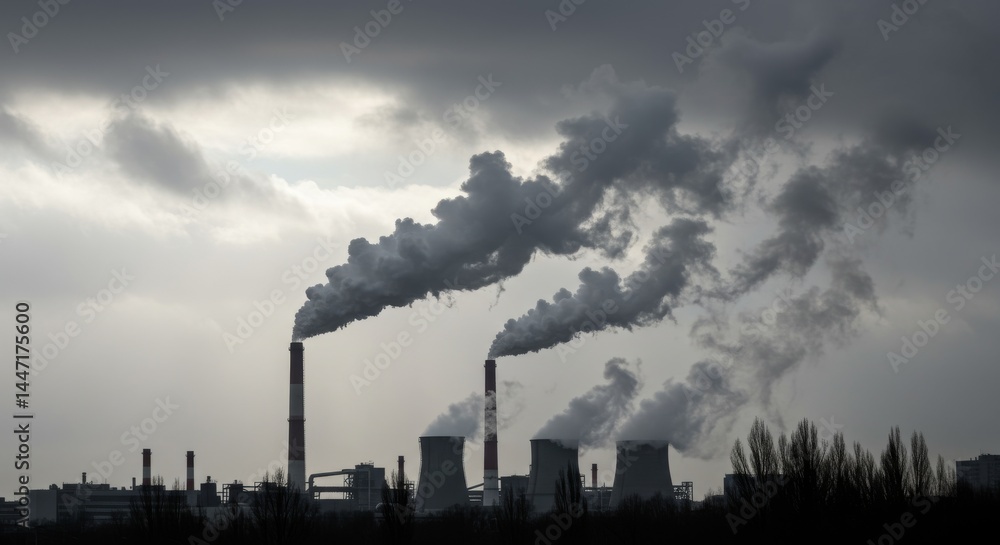 industrial smokestacks releasing thick clouds of smoke into an overcast sky. Taken from a distance to show the scale of emissions, with silhouettes of nearby buildings or trees for contrast. industrial smokestacks releasing thick clouds of smoke into an overcast sky. Taken from a distance to show the scale of emissions, with silhouettes of nearby buildings or trees for contrast.