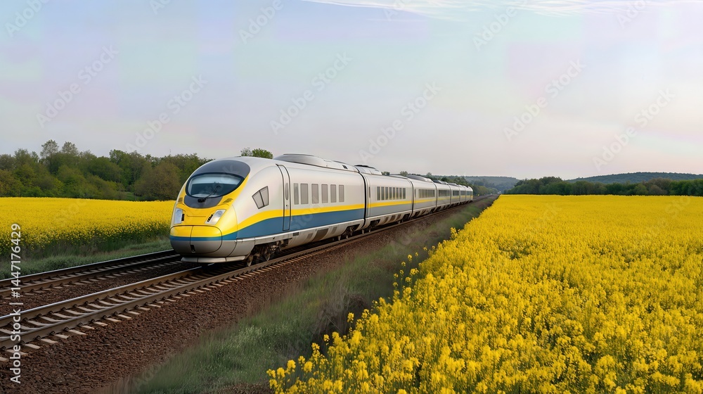 Fototapeta premium High-speed train cuts through the countryside, the yellow rapeseed fields bloom beneath a clear morning sky, showcasing the beauty of spring and modern rail travel.