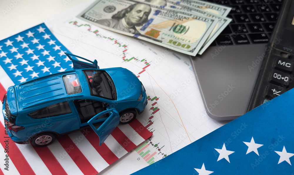 Tariff War shipping, trade and commerce concept, flags of the United States and the European Union