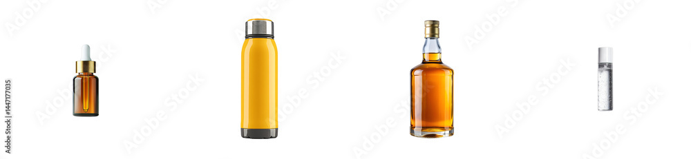Liquids in clear, yellow, and silver bottles arranged together. cut out transparent Liquids in clear, yellow, and silver bottles arranged together. cut out transparent