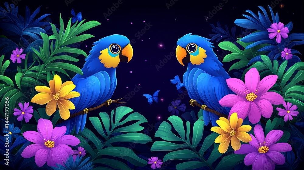 Fototapeta premium Exotic avian adventure pixelated illustration featuring vibrant blue parrots amidst a lush tropical floral landscape creating a captivating pixel art design