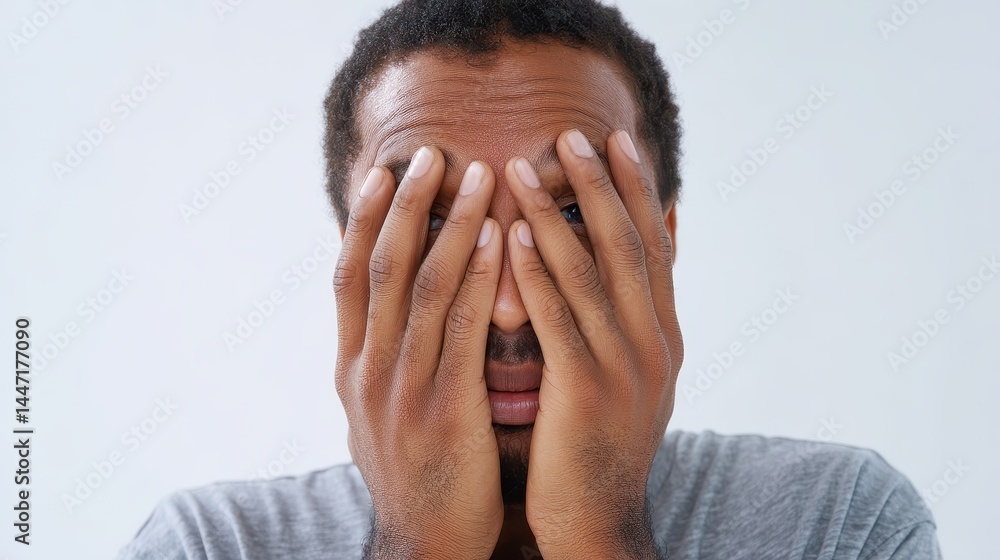 Fototapeta premium Man Hiding Face in Hands, Showing Despair and Emotion