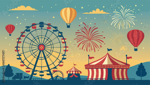 Design a vibrant vector poster for a summer funfair, emphasizing joyful colors and playful carnival elements. Include iconic fairground imagery.