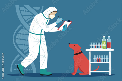 A veterinarian in full hazmat suit carefully examines a small pet, possibly a cat or dog, using specialized medical tools in a sterile veterinary clinic setting.