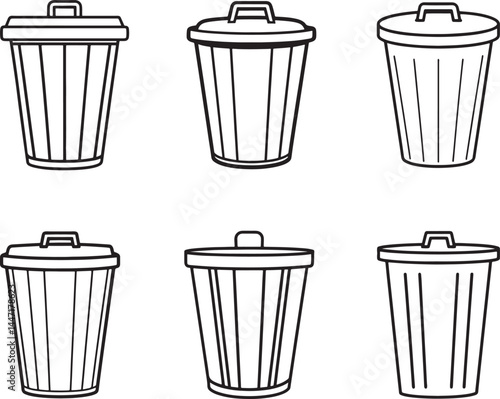 set of trash can line art, black outline, vector and illustration, coloring book page line art drawing