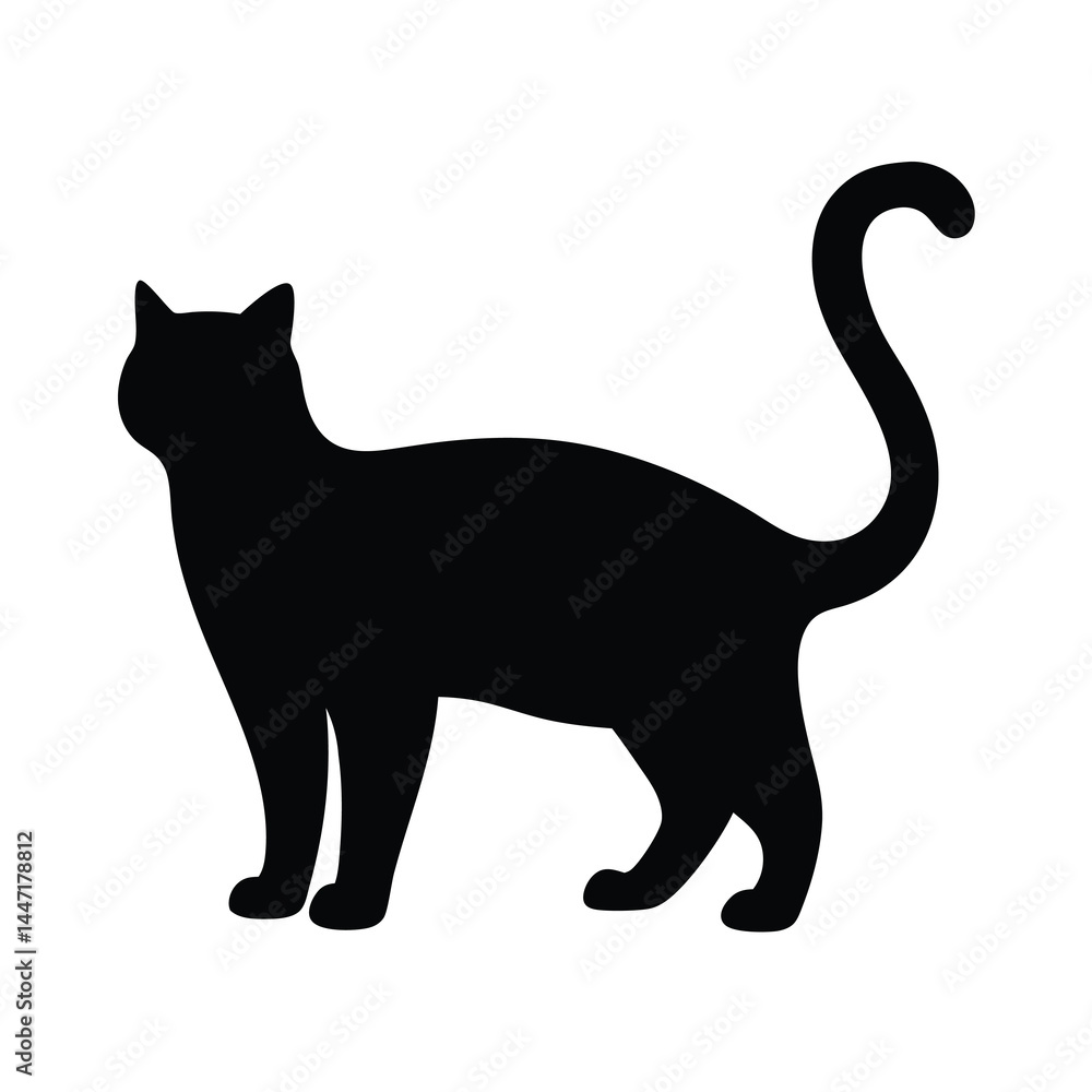 Black cat silhouette standing gracefully with vector curved tail on a white background Black cat silhouette standing gracefully with vector curved tail on a white background