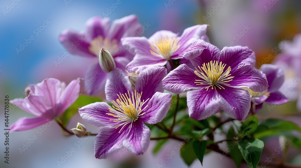 Fototapeta premium Lavender clematis blossoms basking in light