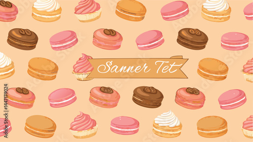 Create a vector seamless pattern featuring a delightful array of assorted pastries, including croissants, muffins, and sweet buns, presented on a warm, inviting background.