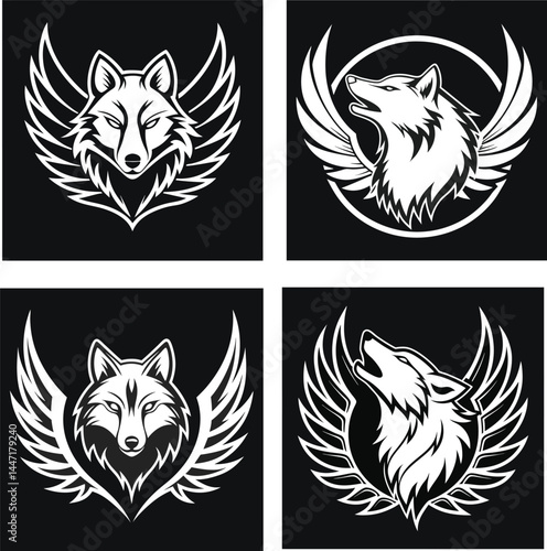 Set of four winged wolf head vector logos in black and white—stylized designs ideal for mascots, fantasy emblems, tattoos, team branding, or decals.