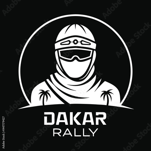Adventure motorsport vector icon, .Dakar Rally logo design with desert racer in helmet and goggles, wrapped in scarf, with palm trees 