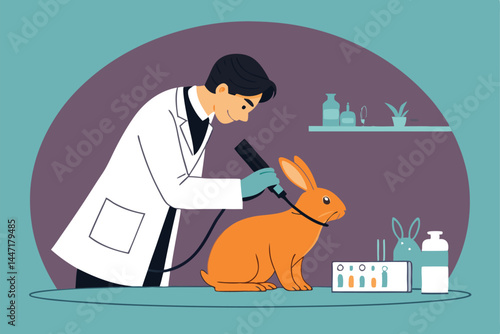 Veterinarian using advanced laser scanning technology to diagnose a rabbit's ailment. High-resolution image showcasing precise veterinary procedure.