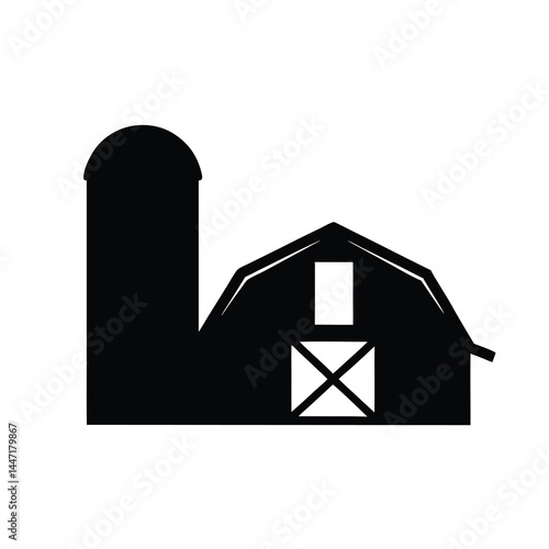 A black and white silhouette of vector a barn and silo on farm