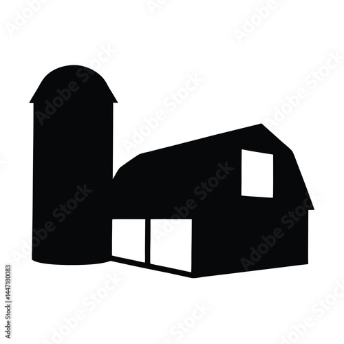 A black and white silhouette of vector a barn and silo on farm