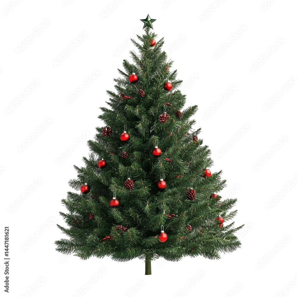 Realistic Christmas tree with ornaments and pinecones set against a Transparent background for festive decoration, realistics Christmas tree with decorations. isolated, PNG background Realistic Christmas tree with ornaments and pinecones set against a Transparent background for festive decoration, realistics Christmas tree with decorations. isolated, PNG background