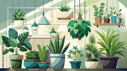 A curated collection of houseplants in sleek plastic pots and hanging baskets.
Clean lines meet lush foliage for a fresh, modern interior look.
Stylish containers in neutral tones complement vibrant g