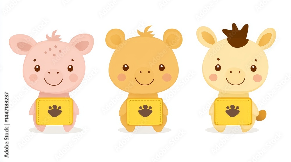 Adorable cartoon animal characters in yellow shirts on a white backdrop showcasing a pink mouse a brown bear and a cream donkey Adorable cartoon animal characters in yellow shirts on a white backdrop showcasing a pink mouse a brown bear and a cream donkey