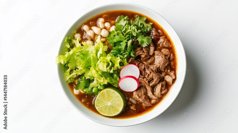 Overhead shot of Pozole traditional Mexican stew made hominy pork chili garnished radish lettuce lime served bowl placed white background clean bright presentation cut out isolated transparent Overhead shot of Pozole traditional Mexican stew made hominy pork chili garnished radish lettuce lime served bowl placed white background clean bright presentation cut out isolated transparent
