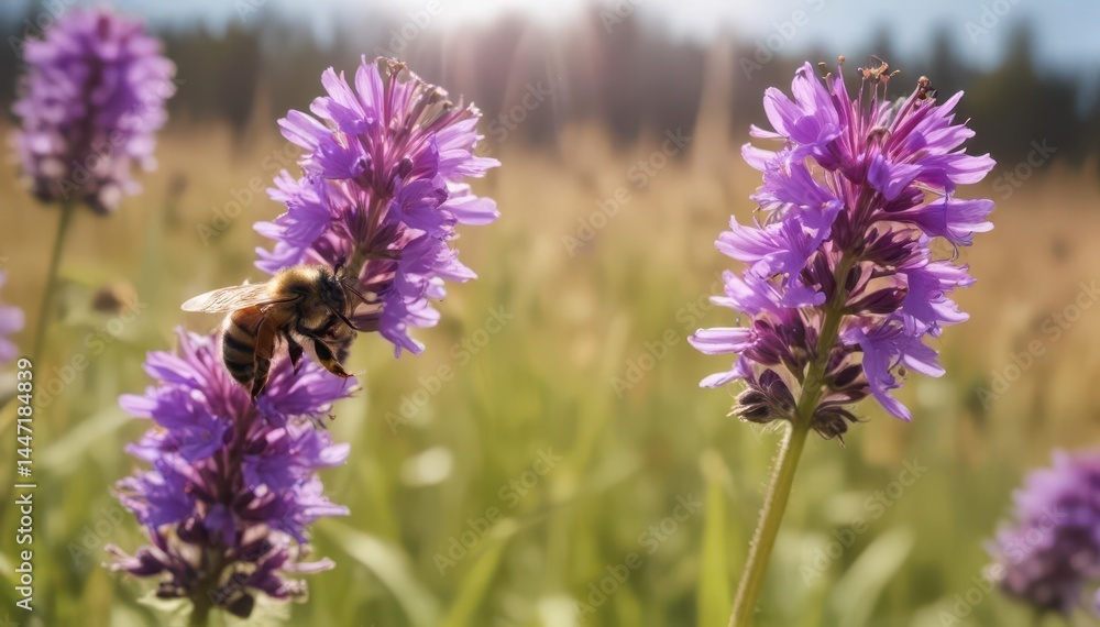 Obraz premium A fuzzy bee collects pollen from a vibrant purple flower in a sun-drenched field , rural, violet