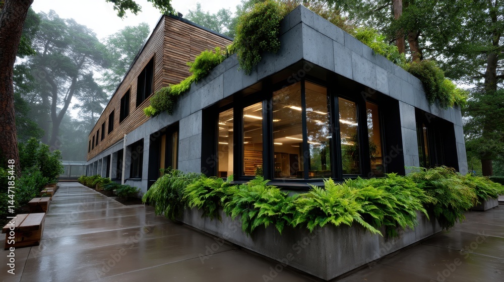 Modern architectural building with concrete and wooden exterior surrounded by lush greenery and foggy forest atmosphere Modern architectural building with concrete and wooden exterior surrounded by lush greenery and foggy forest atmosphere