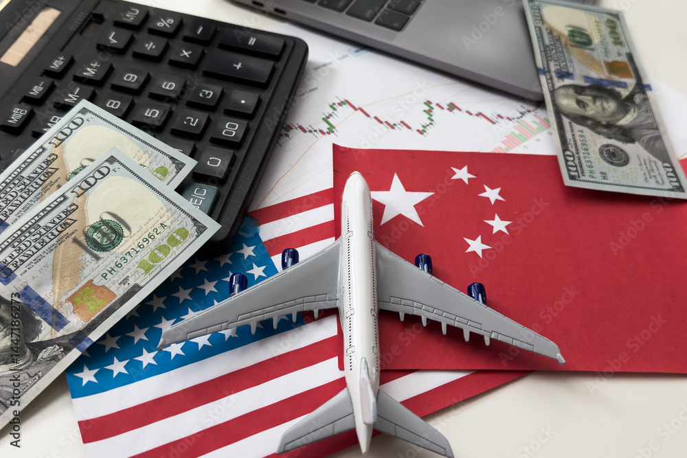 Chip shortage and US-China trade conflict. Global chip shortage crisis and China-United States trade war concept. China flag and US flag on china map and hand holding computer chip on background.