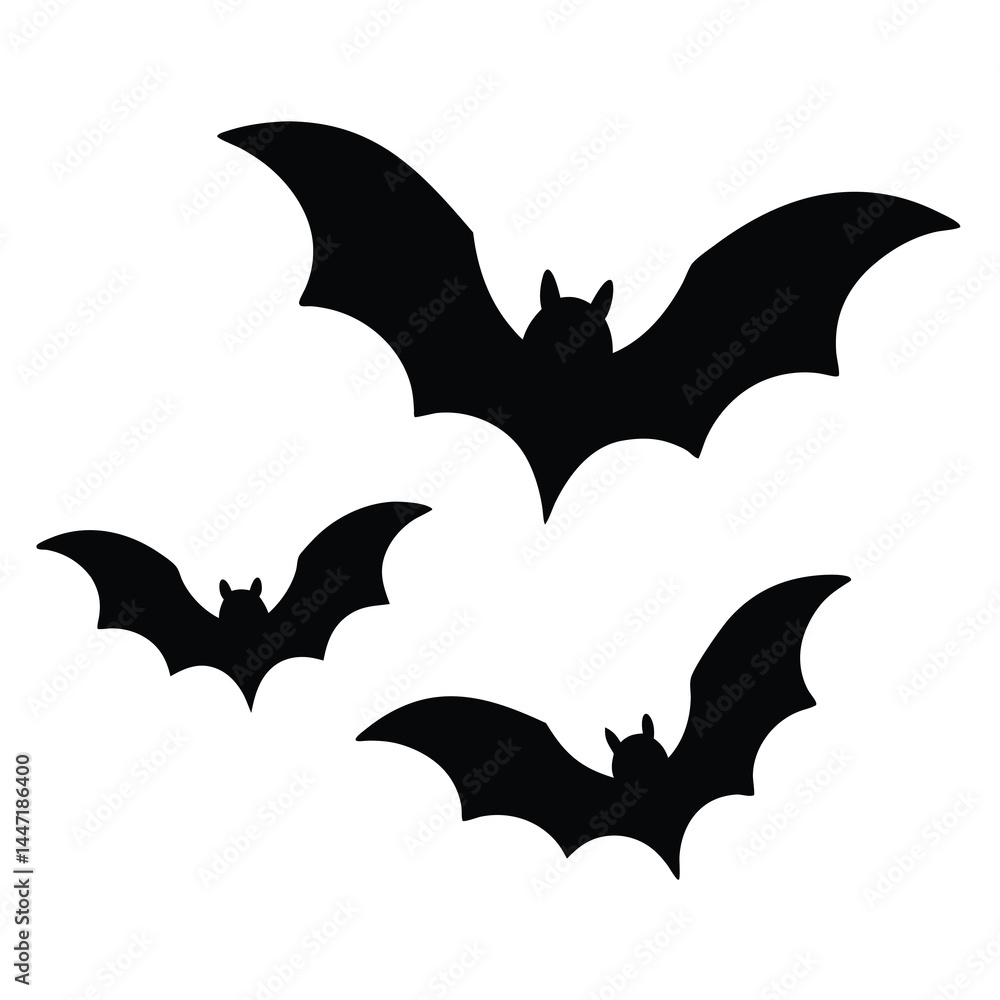 Fototapeta premium Three Silhouetted Bats Flying on vector a White Background for Halloween Decor