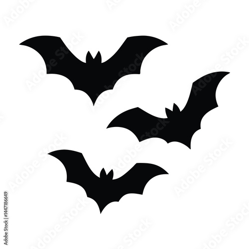 Three Black Bats in Flight vector Isolated on a White Background Silhouette