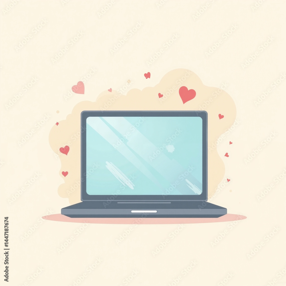 Laptop with hearts conveying love and affection in a soft style Laptop with hearts conveying love and affection in a soft style