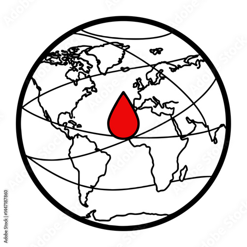 Blood Donor Day - Red droplet on a world map outline  