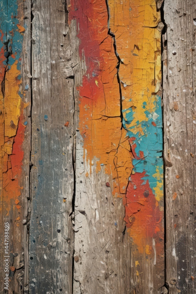 Fototapeta premium Close-up of weathered, cracked paint on aged wood surface, plank, macro