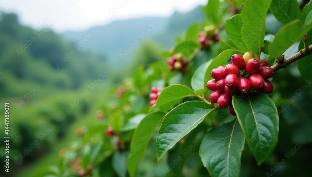 Obraz premium Crimson coffee cherries ripening on vibrant green bushes, misty highland plantation , detail, farmland