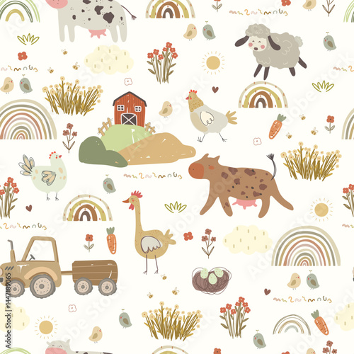 Seamless patern with hand drawn farm animals, flowers, clouds and rainbows. Vector illustrtion with cow, chicken, chicks, sheep and plants.