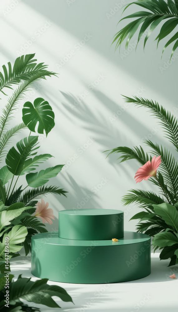 Empty green podium for product display surrounded by tropical leaves Empty green podium for product display surrounded by tropical leaves
